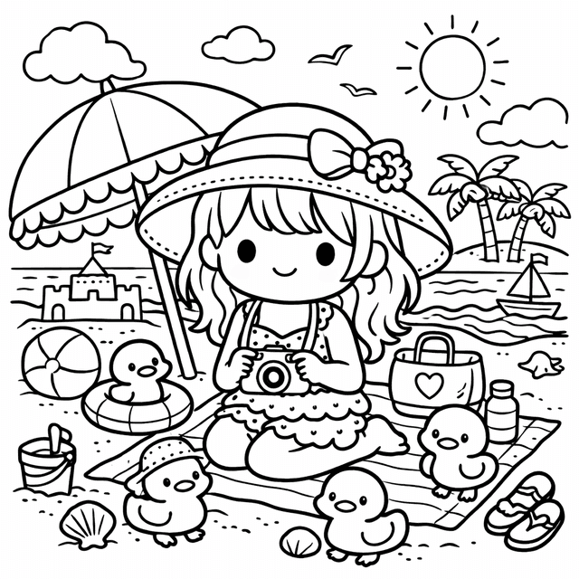 Cute Cozy — Dziewczyna na plaży z kaczuszkami, aparatem i parasolem