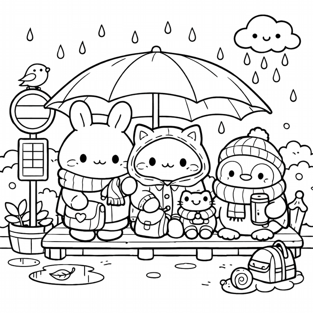Cute Cozy — Urocze zwierzątka czekające na autobus pod parasolem