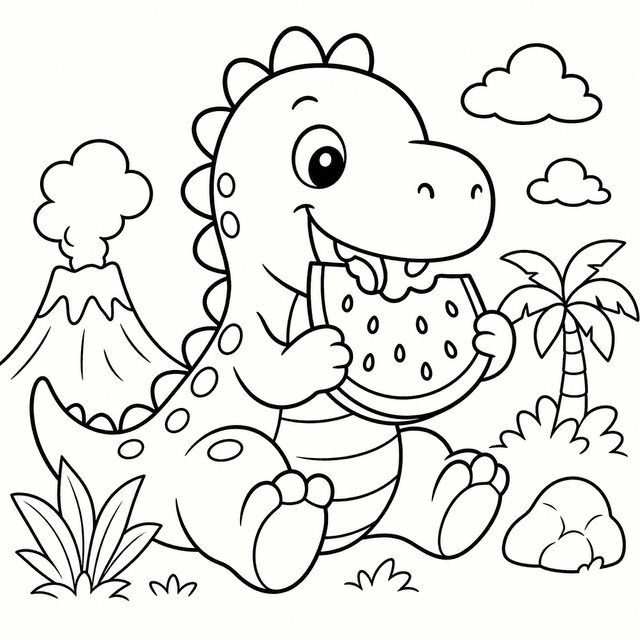 Zabawa Przedszkolaków — Dinozaur jedzący arbuza