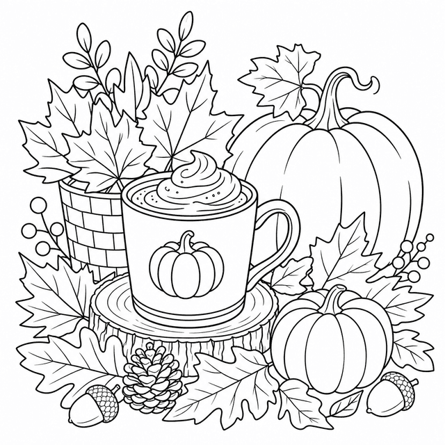 Sezonowy — Autumn – dynie, liście, kubek kawy